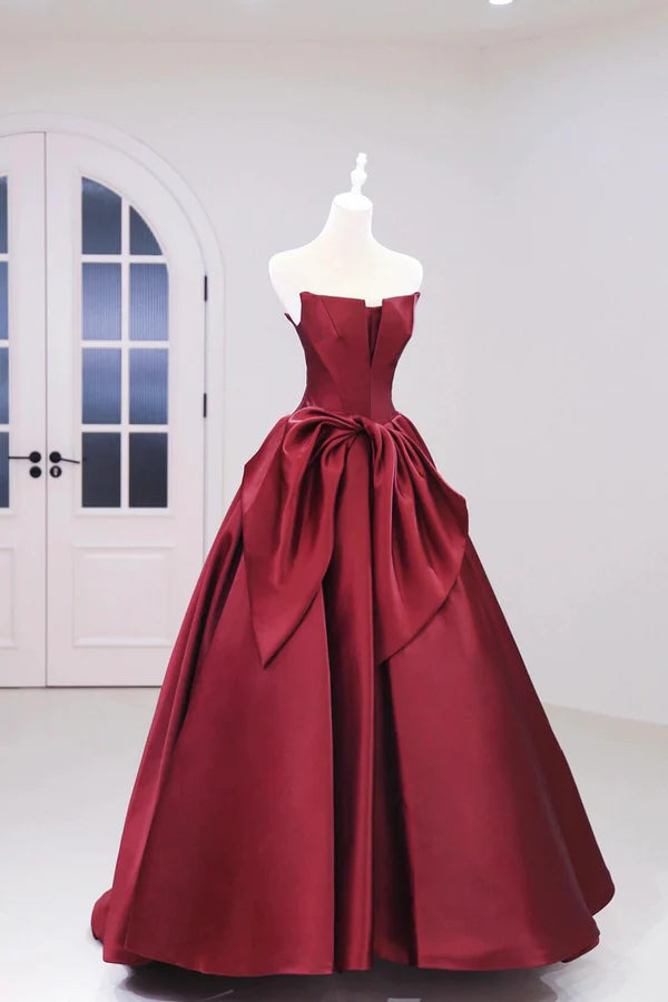 Wholesale Burgundy Satin Floor Length Prom Dress Beautiful A-Line Evening Party Dress